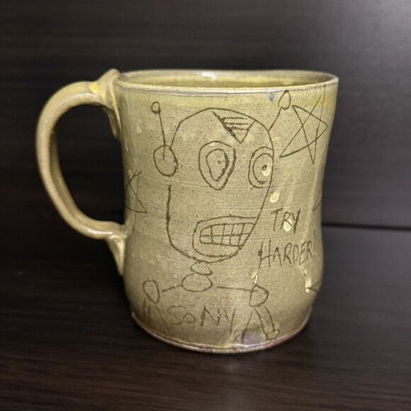 Kurt Anderson Studio Pottery Robot Coffee Mug Cup Penland Gallery “Try Harder” - Picture 1 of 8